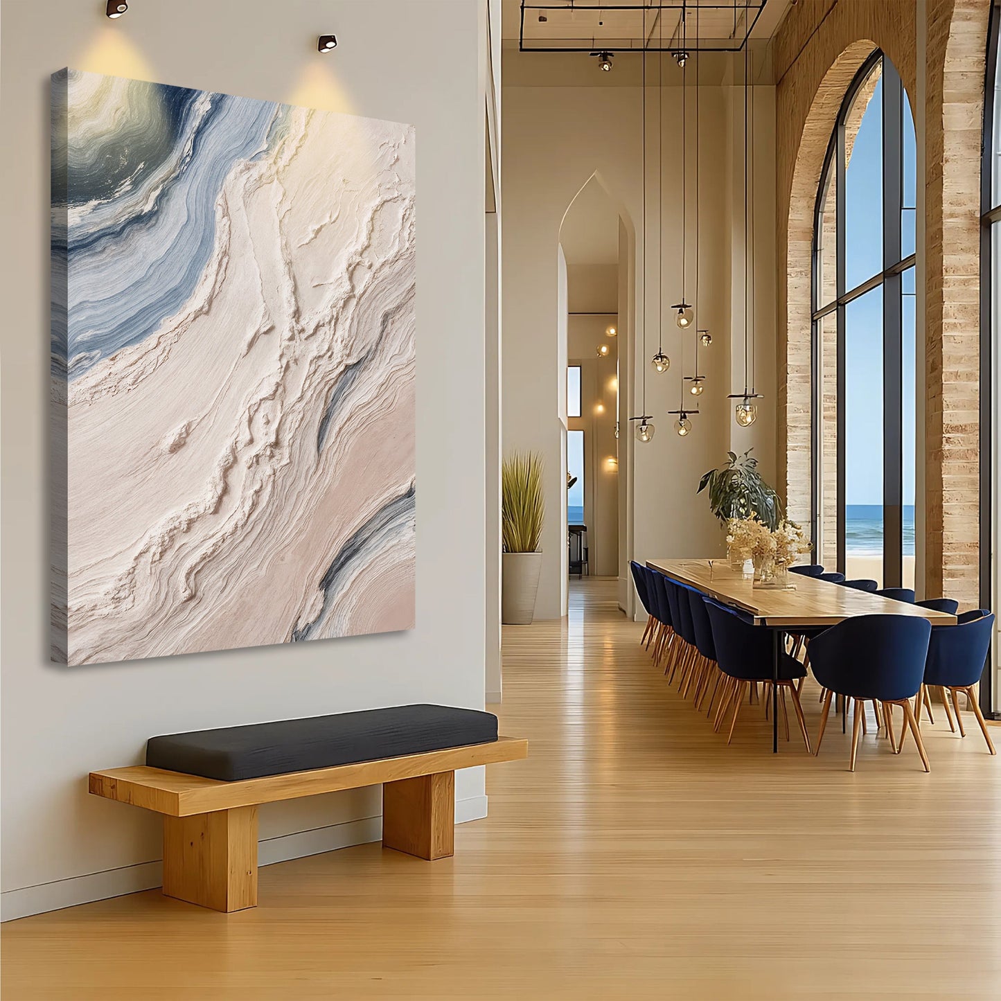 Minimalist Waves Wall Art III canvas by Tailored Canvases, blue beige marbled wave design on Tampa Home & Garden Store