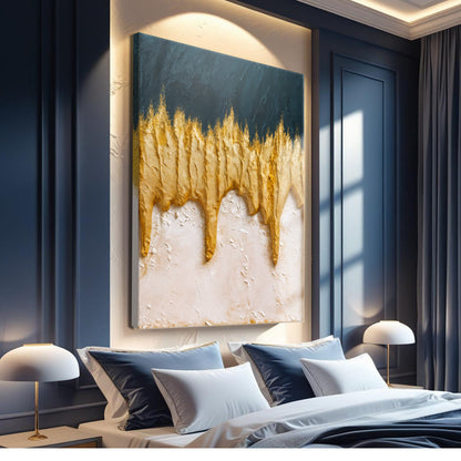 Abstract Blue And Gold Wall Art canvas by Tailored Canvases with blue backdrop and gold drips on Tampa Home & Garden Store