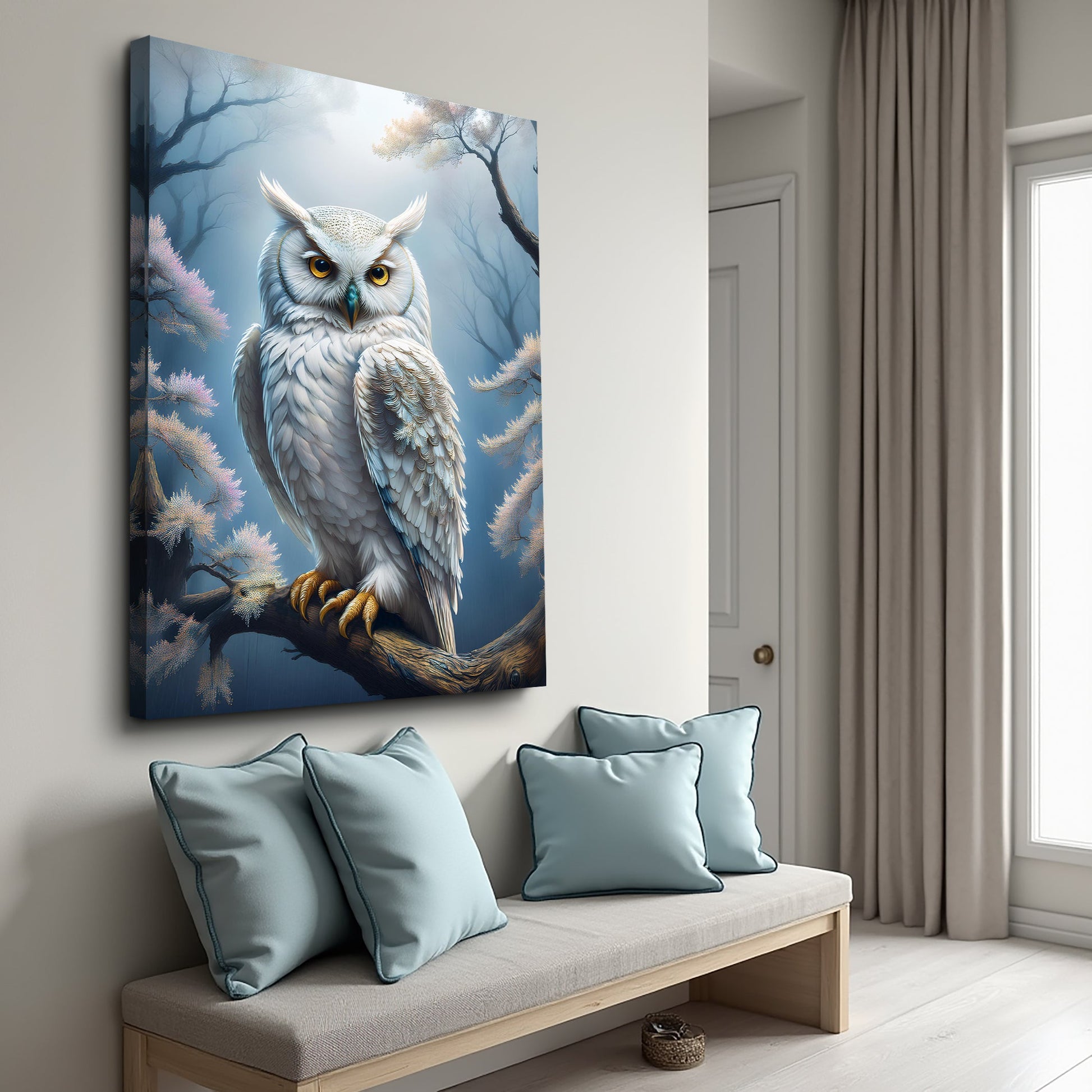 Owl Wall Art II canvas by Tailored Canvases; white owl with yellow eyes in blue forest scene on Tampa Home & Garden Store