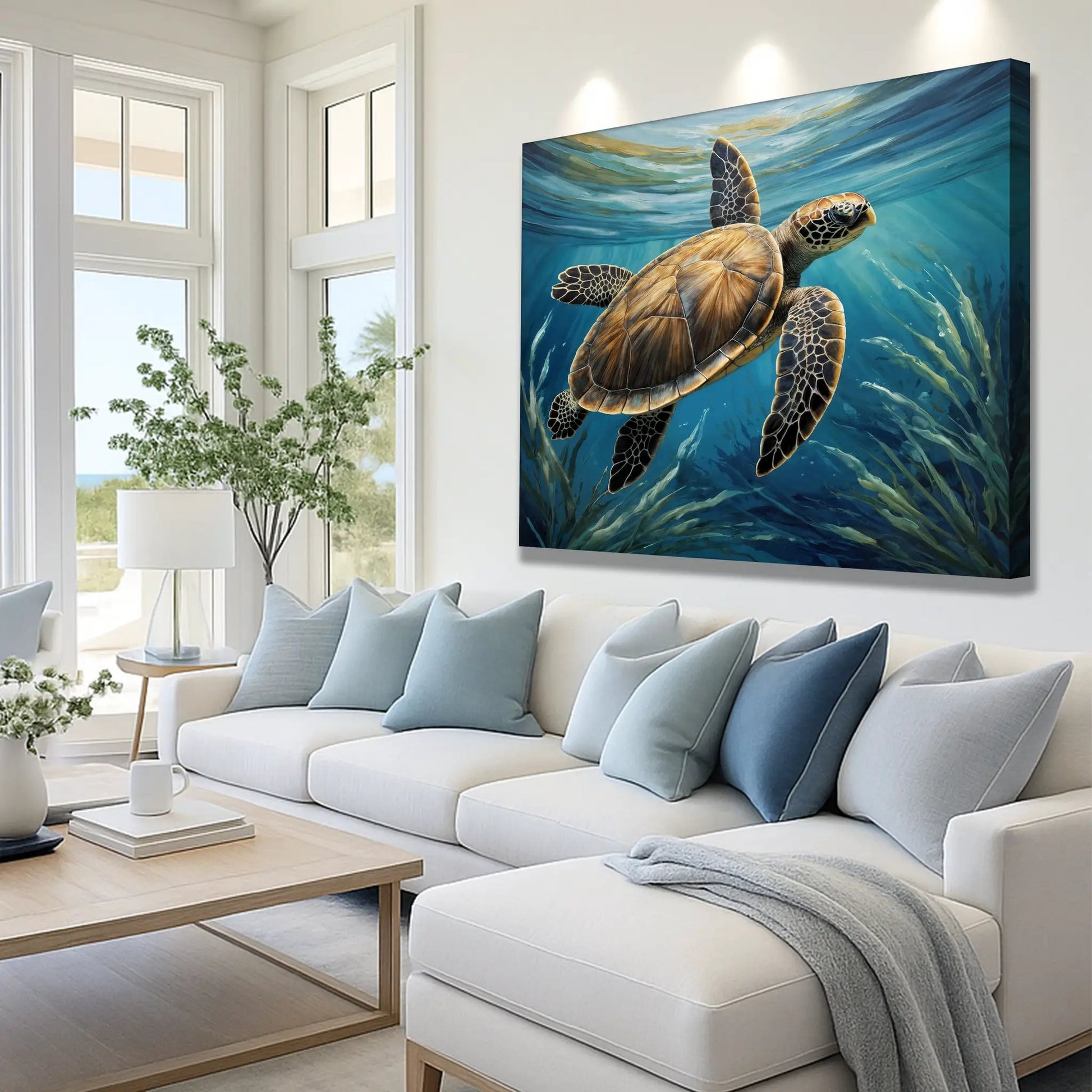 Turtle In Seagrass Coastal Wall Art canvas by Tailored Canvases in blue ocean hues on Tampa Home & Garden Store