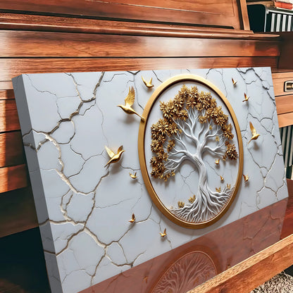 3D Celtic Tree of Life white canvas wall art with gold tree and birds by Tailored Canvases on Tampa Home & Garden Store