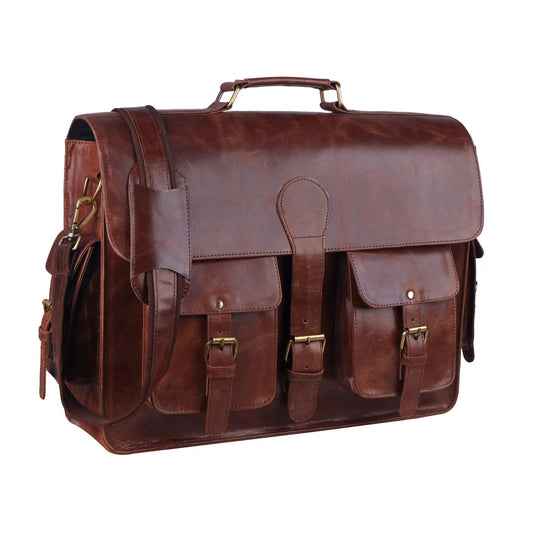 Men's Distressed Buffalo Leather Messenger Bag by Classy Leather Bags, brown with brass hardware on Tampa Home & Garden Store