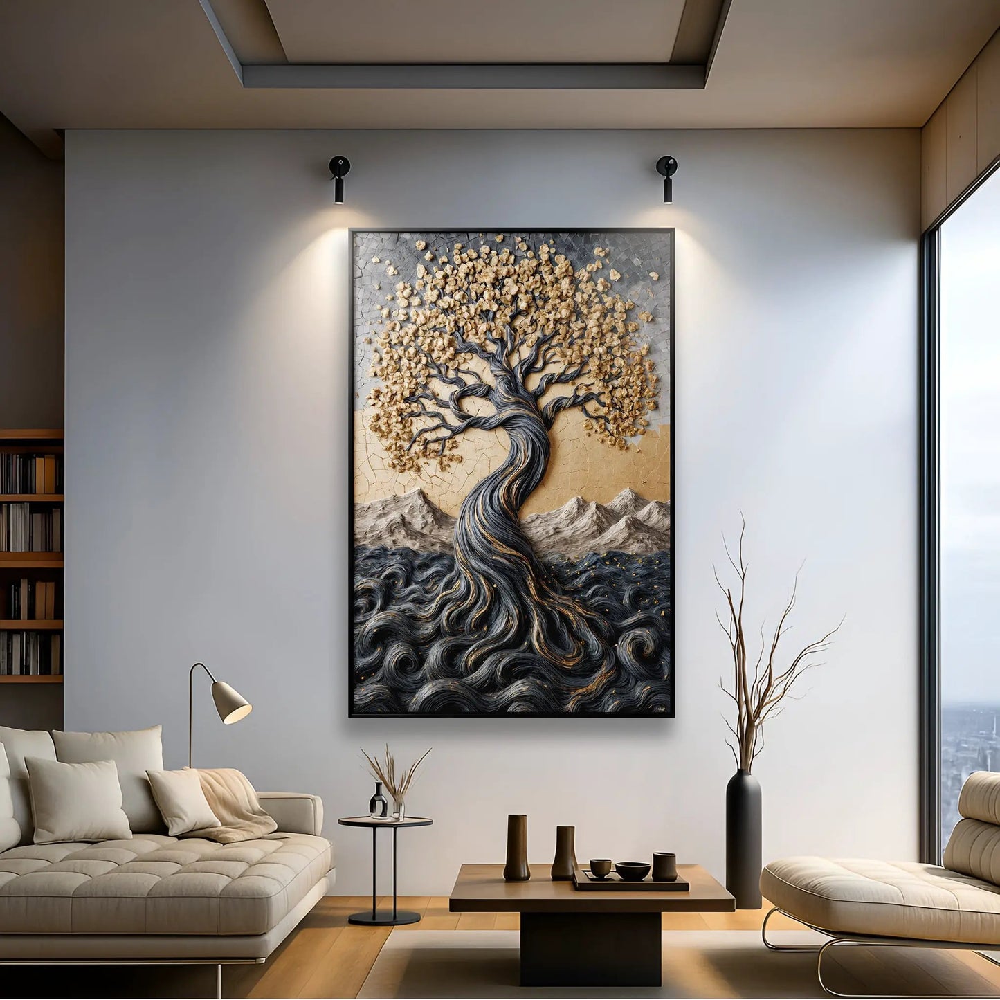 Golden Tree of Life canvas wall art by Tailored Canvases, gold leaves, dark trunk on Tampa Home & Garden Store