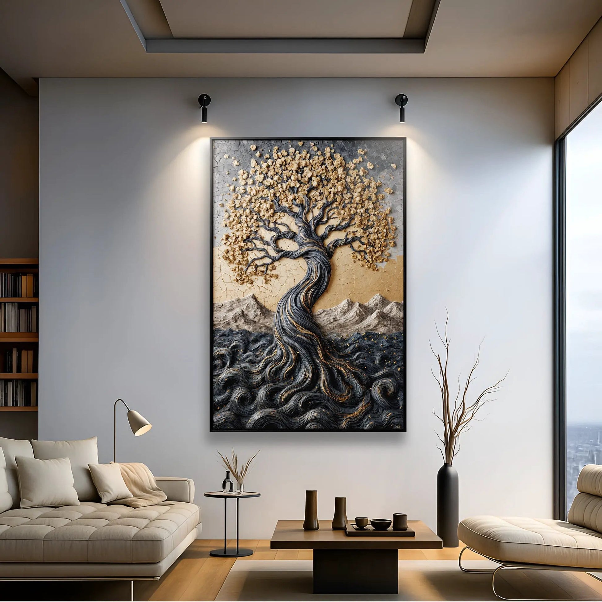 Golden Tree of Life canvas wall art by Tailored Canvases, gold leaves, dark trunk on Tampa Home & Garden Store