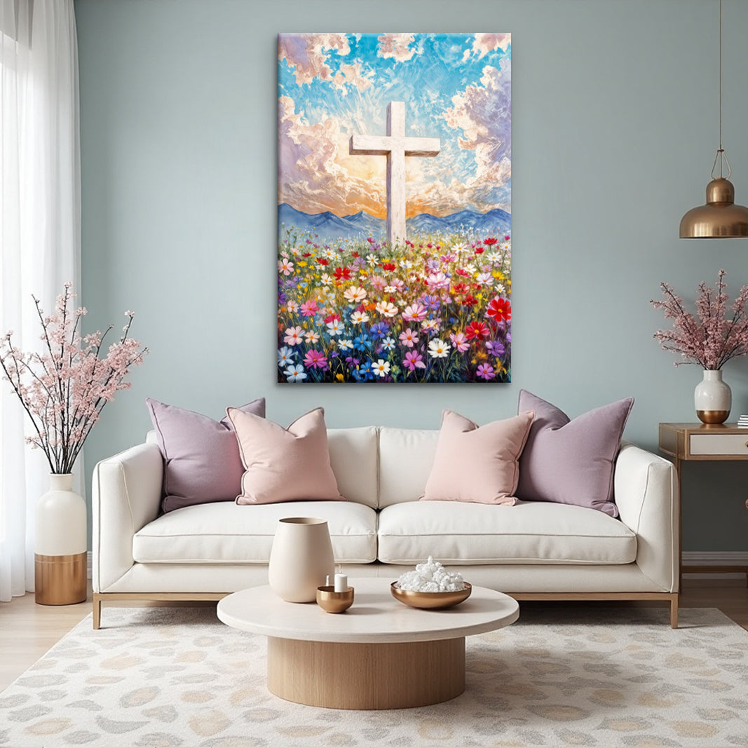Cross Floral Field Faith II canvas wall art with field of flowers and central cross on Tampa Home & Garden Store