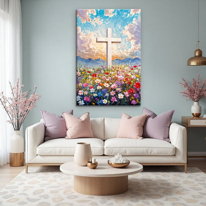 Cross Floral Field Faith II canvas wall art with field of flowers and central cross on Tampa Home & Garden Store