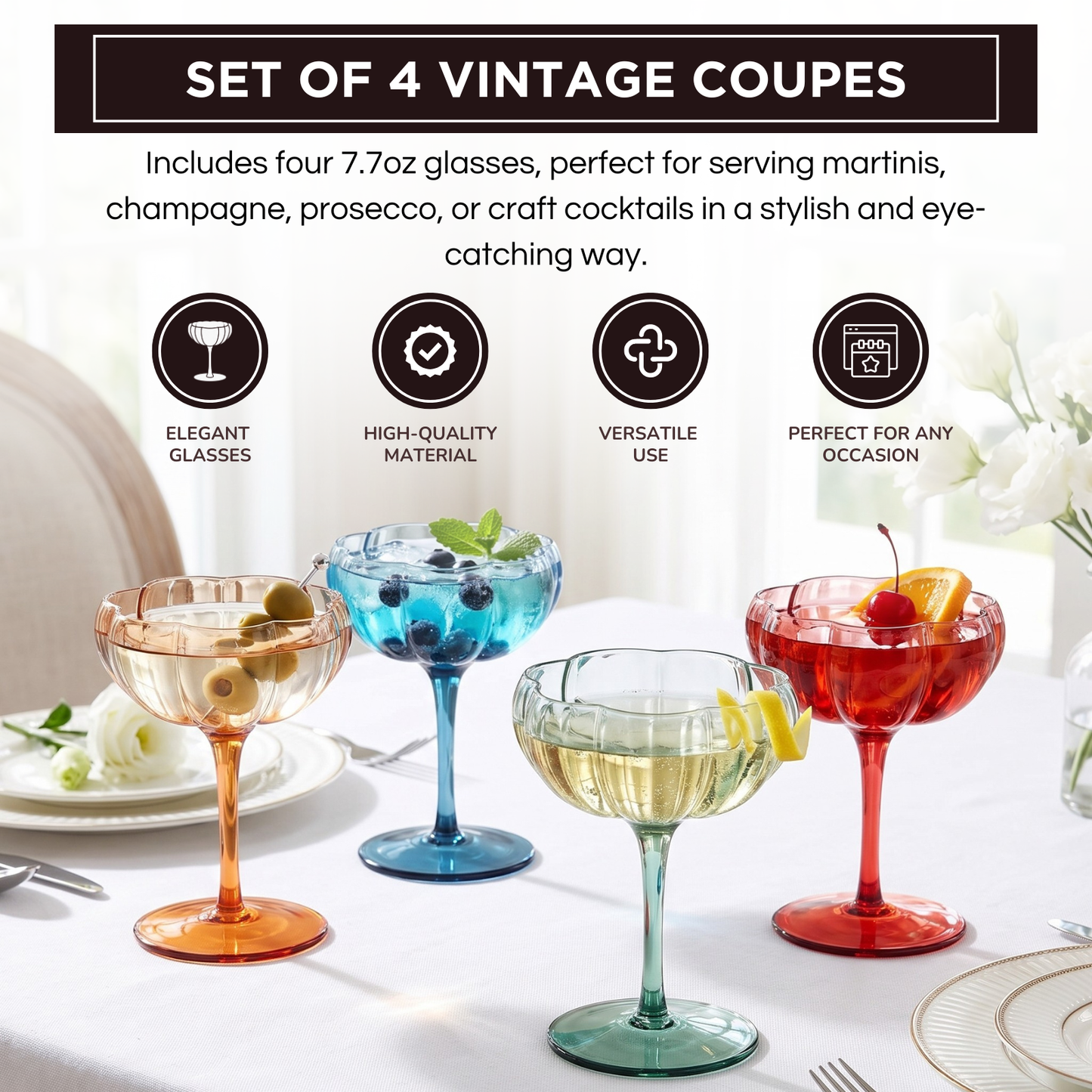 Muted Flower Coupe Glasses and a Set of Four