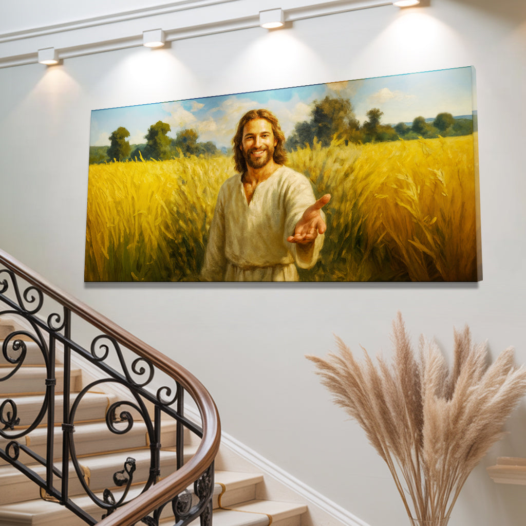 Savior's Invitation Faith Wall Art II canvas in a wheat field with Jesus reaching out on Tampa Home & Garden Store