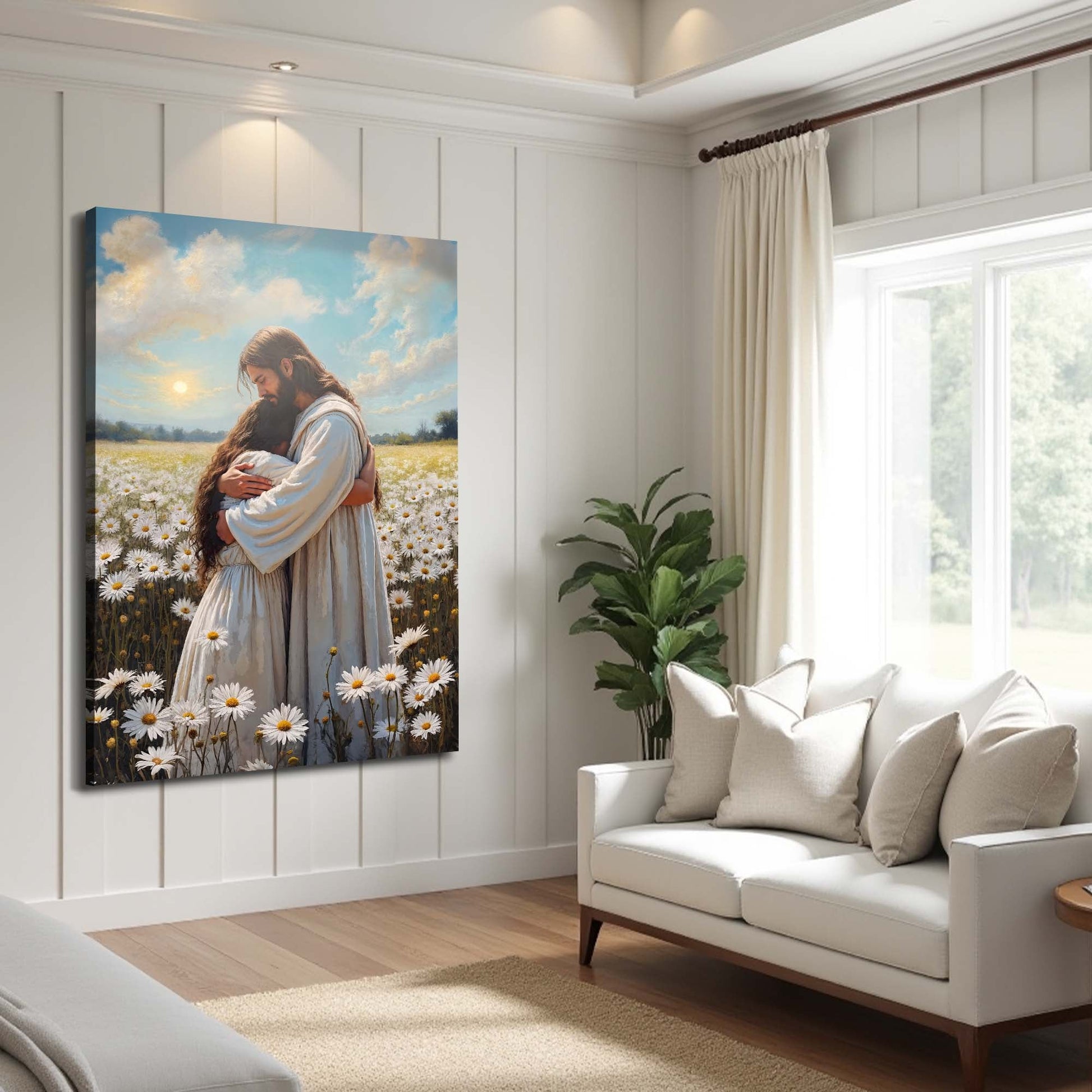 Jesus Hugging Woman Faith Wall Art canvas by Tailored Canvases, serene daisies field embrace on Tampa Home & Garden Store