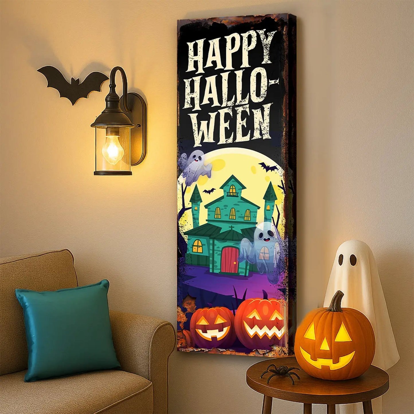 Halloween Welcome Sign canvas by Tailored Canvases with black background and bold white text on Tampa Home & Garden Store