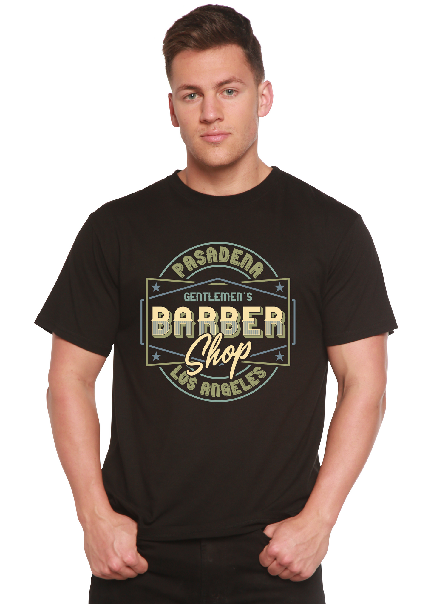 Gentlemen's Barber black bamboo viscose/organic cotton blend short sleeve by Spun Bamboo on Tampa Home & Garden Store
