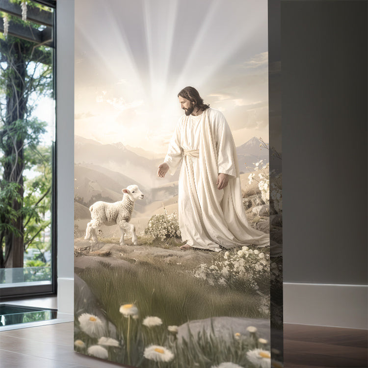 Jesus Protects The Lamb From Wolves Faith Wall Art XII canvas white-robed Jesus with lamb on Tampa Home & Garden Store
