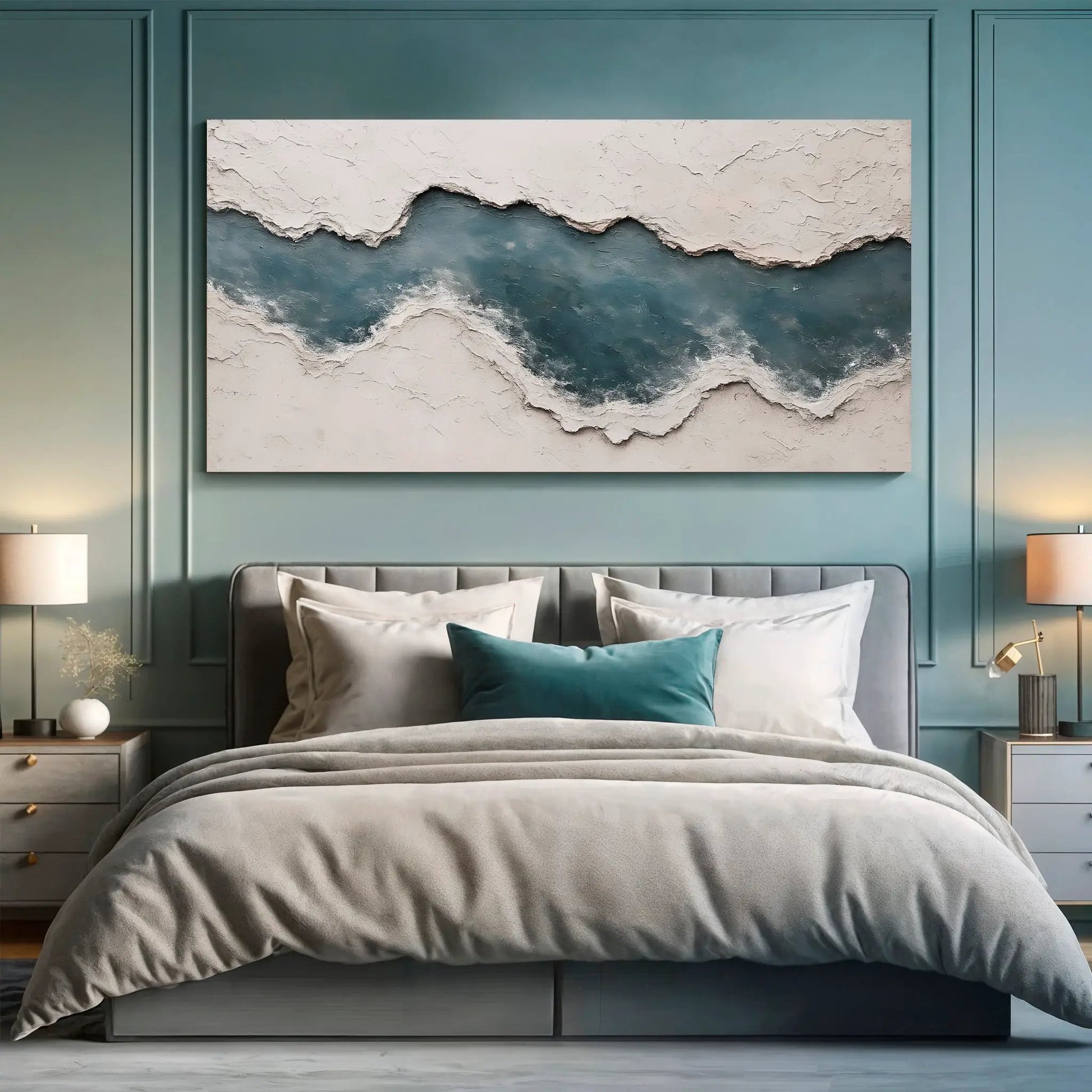 Minimalist Wall Art XII canvas by Tailored Canvases with textured white edge and teal ocean band on Tampa Home & Garden Store