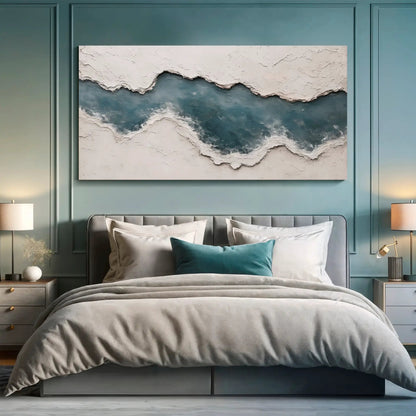 Minimalist Wall Art XII canvas by Tailored Canvases with textured white edge and teal ocean band on Tampa Home & Garden Store