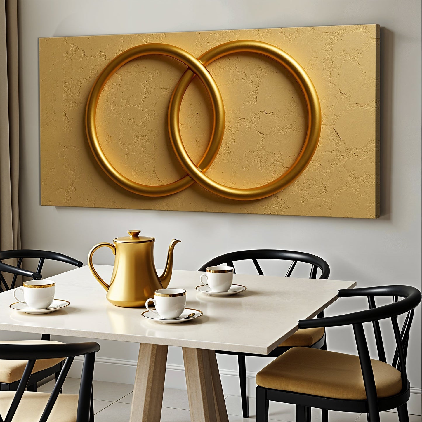 Sacred Union Canvas wall art by Tailored Canvases, gold interlocking rings on textured panel on Tampa Home & Garden Store