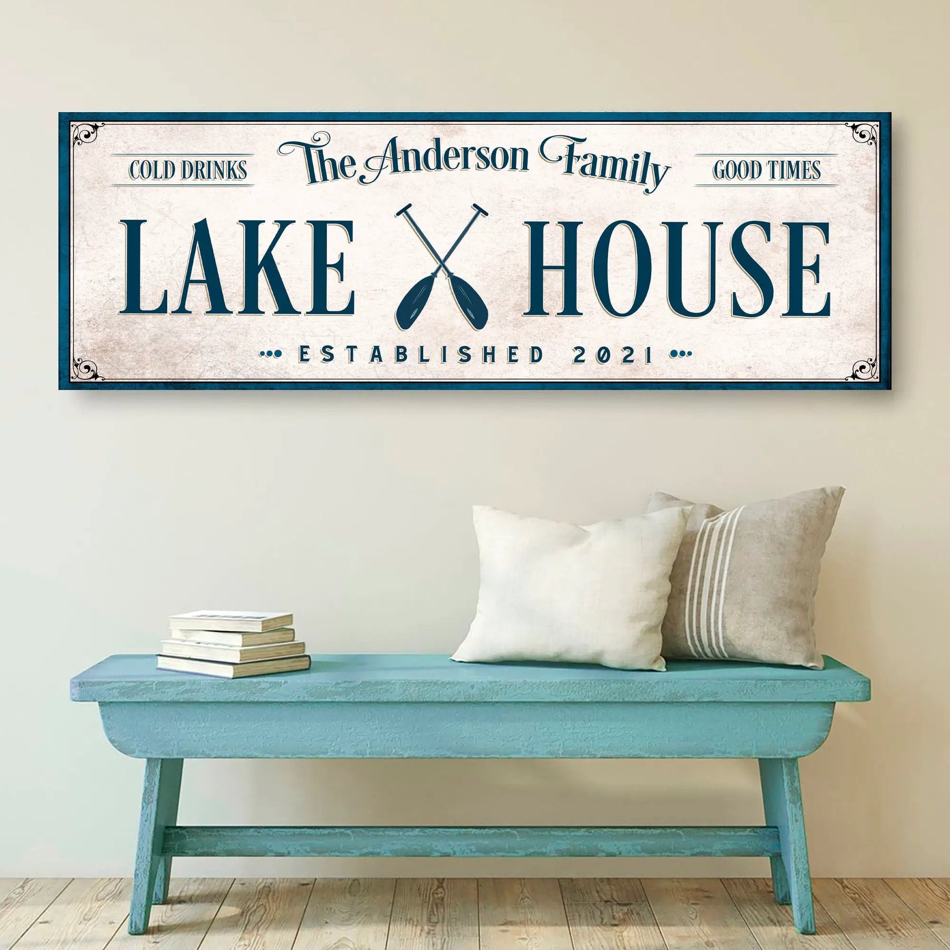 Canvas sign Lake House with crossed paddles teal text blue frame by Tailored Canvases on Tampa Home & Garden Store