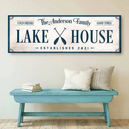 Canvas sign Lake House with crossed paddles teal text blue frame by Tailored Canvases on Tampa Home & Garden Store