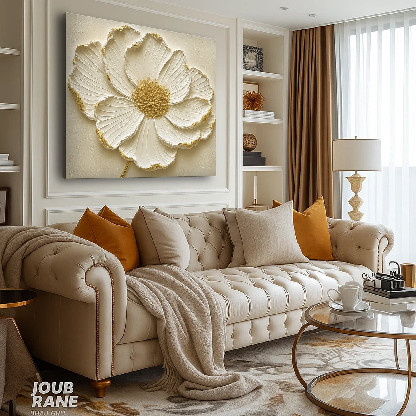 Modern Abstract Flower Wall Art canvas by Tailored Canvases; cream flower with gold accents on Tampa Home & Garden Store