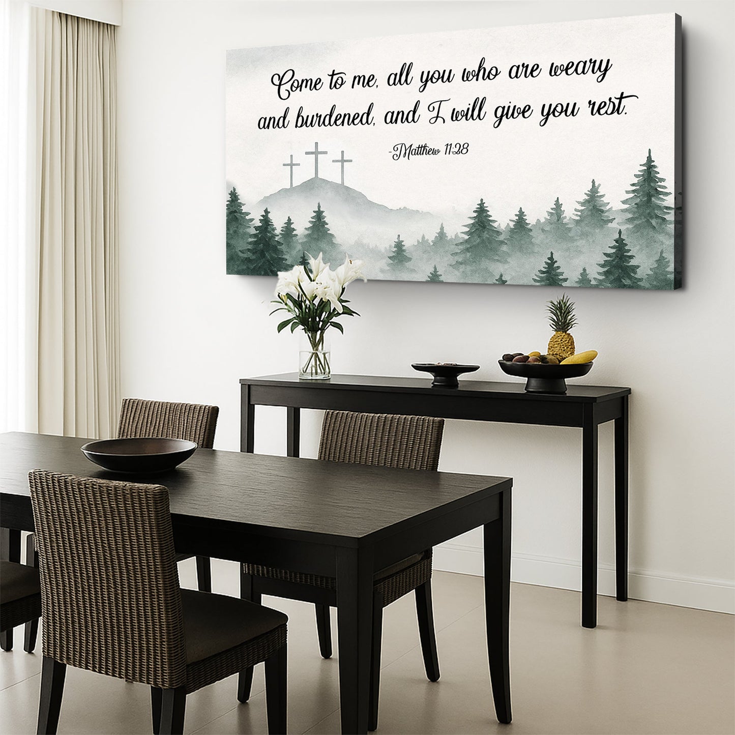 Canvas wall art Come To Me Matthew 11:28 Faith Sign II by Tailored Canvases in a forest scene on Tampa Home & Garden Store