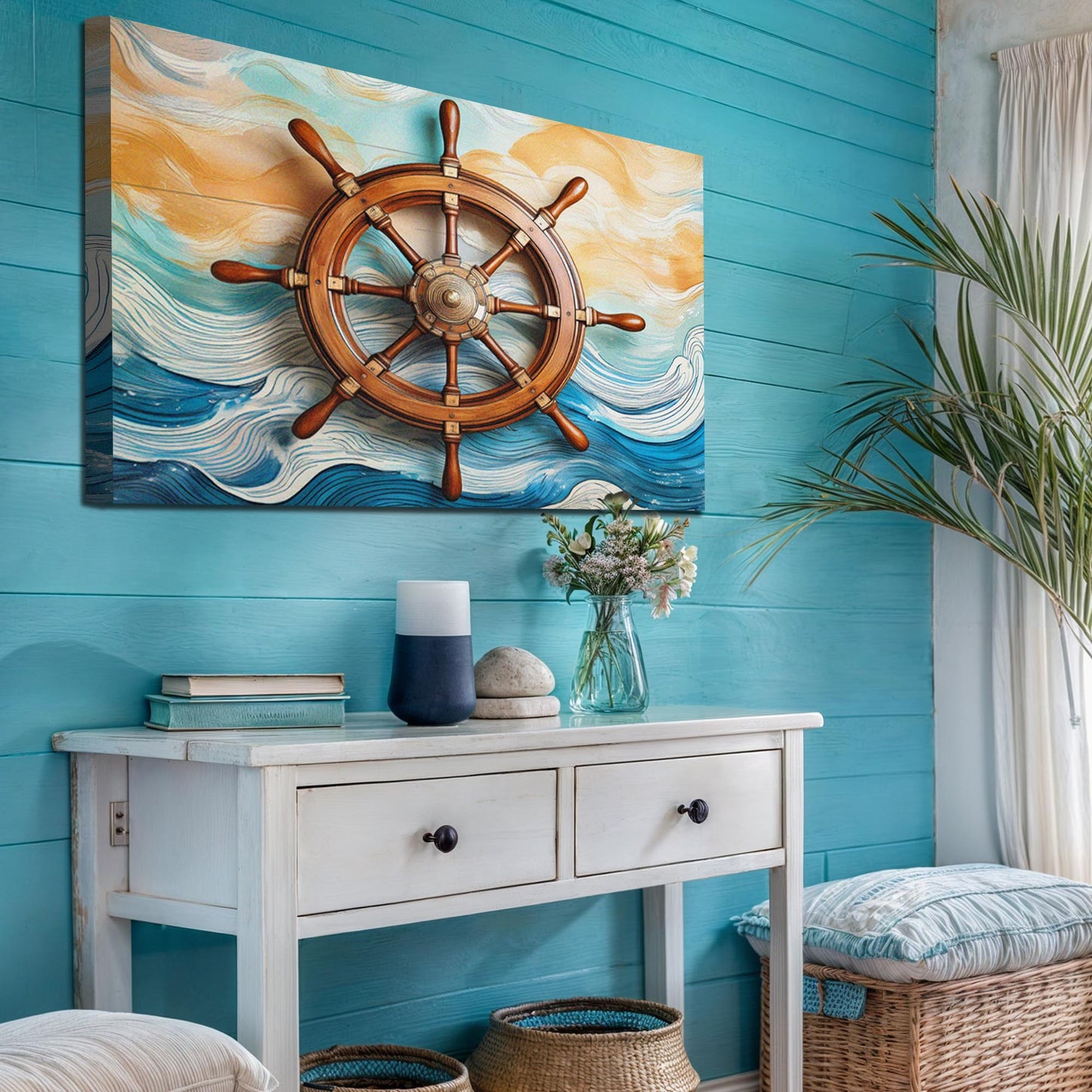 Sailboat Ship Wheel Wall Art II canvas with wooden wheel against waves Tailored Canvases on Tampa Home & Garden Store