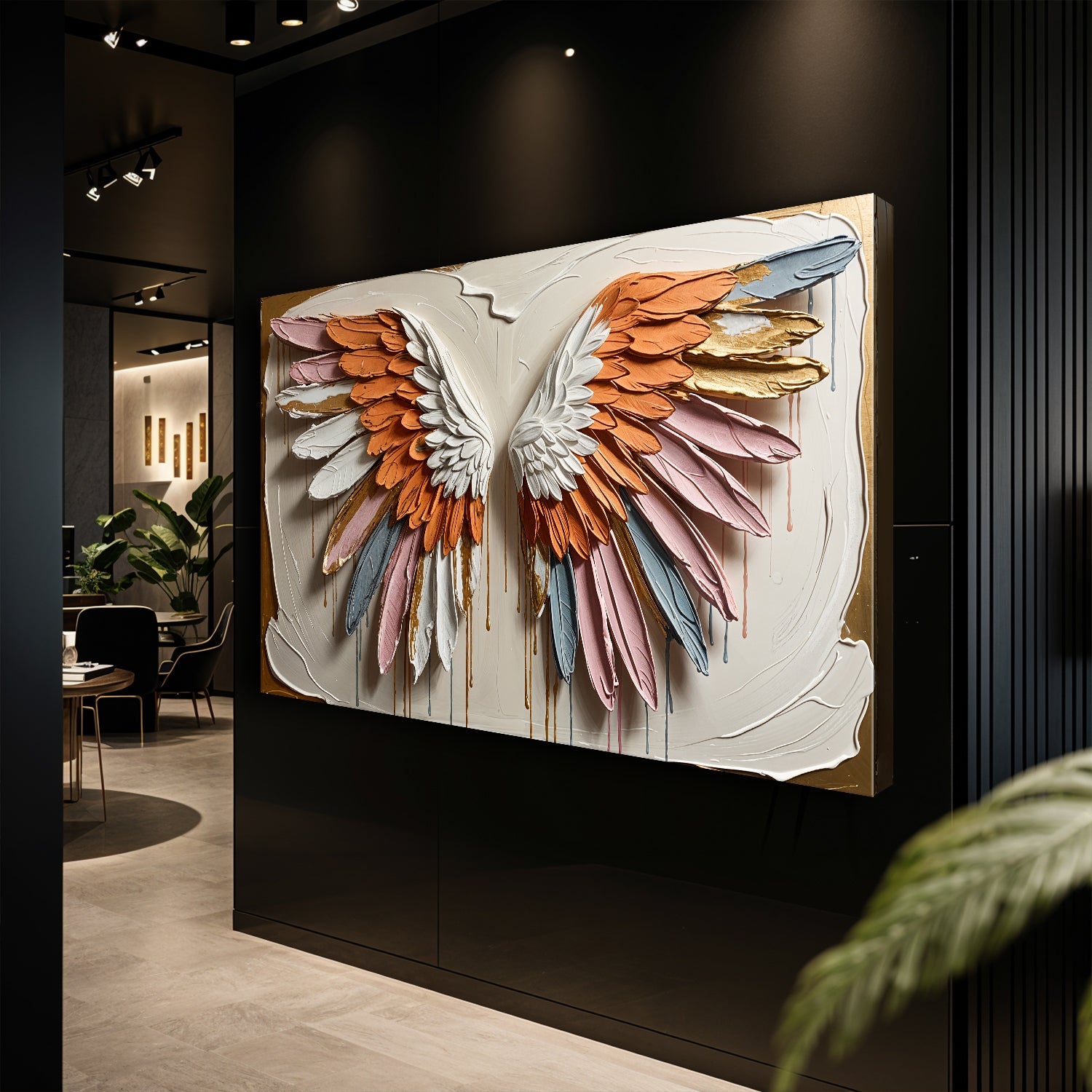 Angelic Wings Wall Art canvas with layered pastel feathers in orange pink blue on Tampa Home & Garden Store