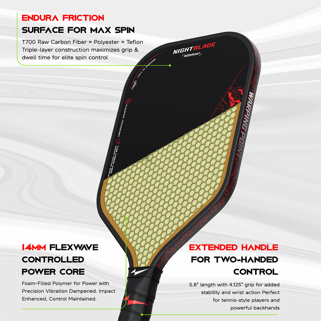 Nightblade Pickleball Paddle by Warping Point, 14mm FlexWave core, black with long handle on Tampa Home & Garden Store