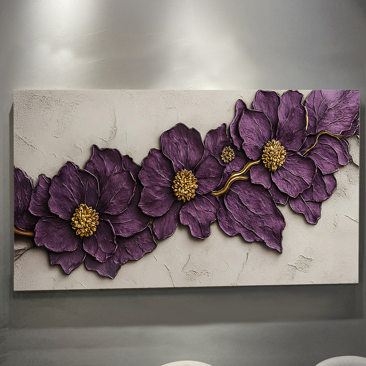 Purple flower plaster wall art on crafting canvas with deep purple petals and gold centers on Tampa Home & Garden Store