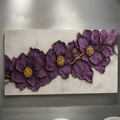 Purple flower plaster wall art on crafting canvas with deep purple petals and gold centers on Tampa Home & Garden Store