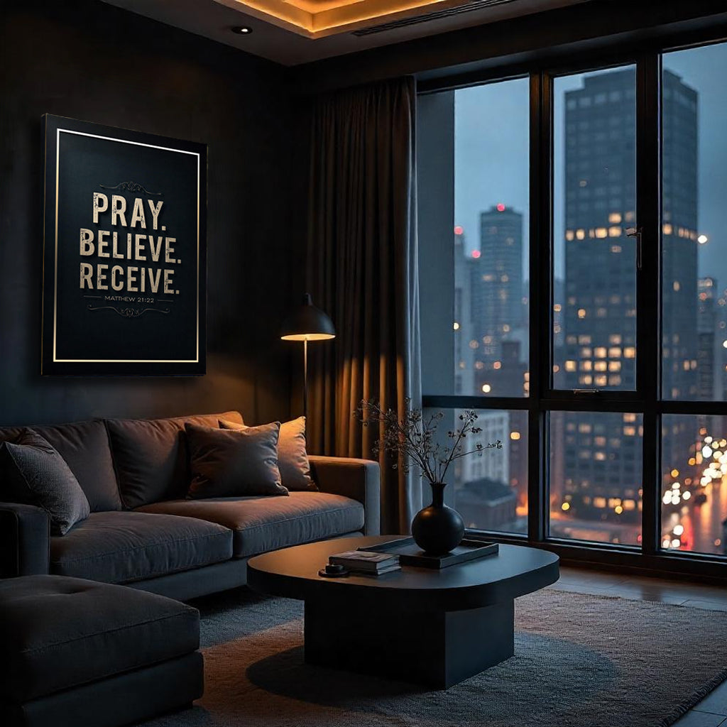 Matthew 21:22 Pray Believe Receive Faith Sign III dark-framed canvas wall art Tailored Canvases on Tampa Home & Garden Store