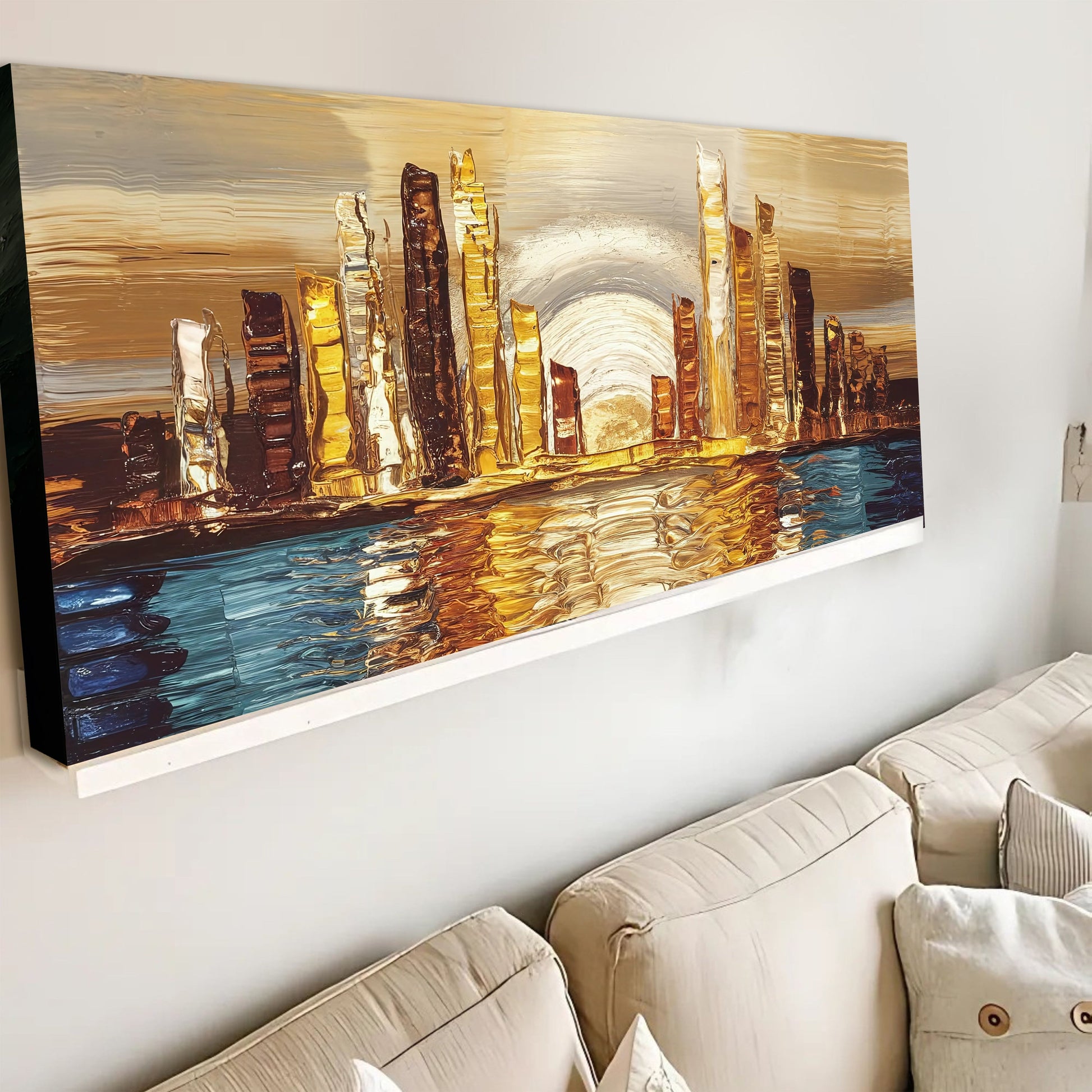 Golden Metropolis Abstract Impasto Canvas by Tailored Canvases; gold skyline with thick texture on Tampa Home & Garden Store