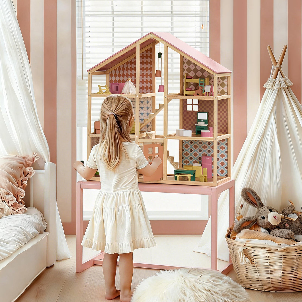 Tiny Land Sweetwood Dollhouse wooden frame with pink roof and pastel patterned rooms without dolls on Tampa Home & Garden Store