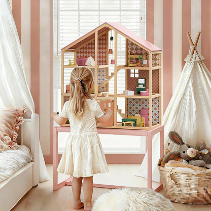Tiny Land Sweetwood Dollhouse wooden frame with pink roof and pastel patterned rooms without dolls on Tampa Home & Garden Store