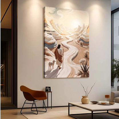 Parable Of The Lost Sheep Faith Wall Art III canvas with shepherd and sheep in sunlit desert on Tampa Home & Garden Store