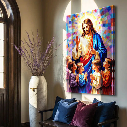 Jesus Praying With Kids Faith Wall Art canvas colorful halo around praying children on Tampa Home & Garden Store