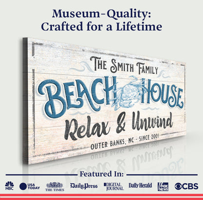 Beach House Sign IV canvas with distressed wood background and navy script lettering on Tampa Home & Garden Store