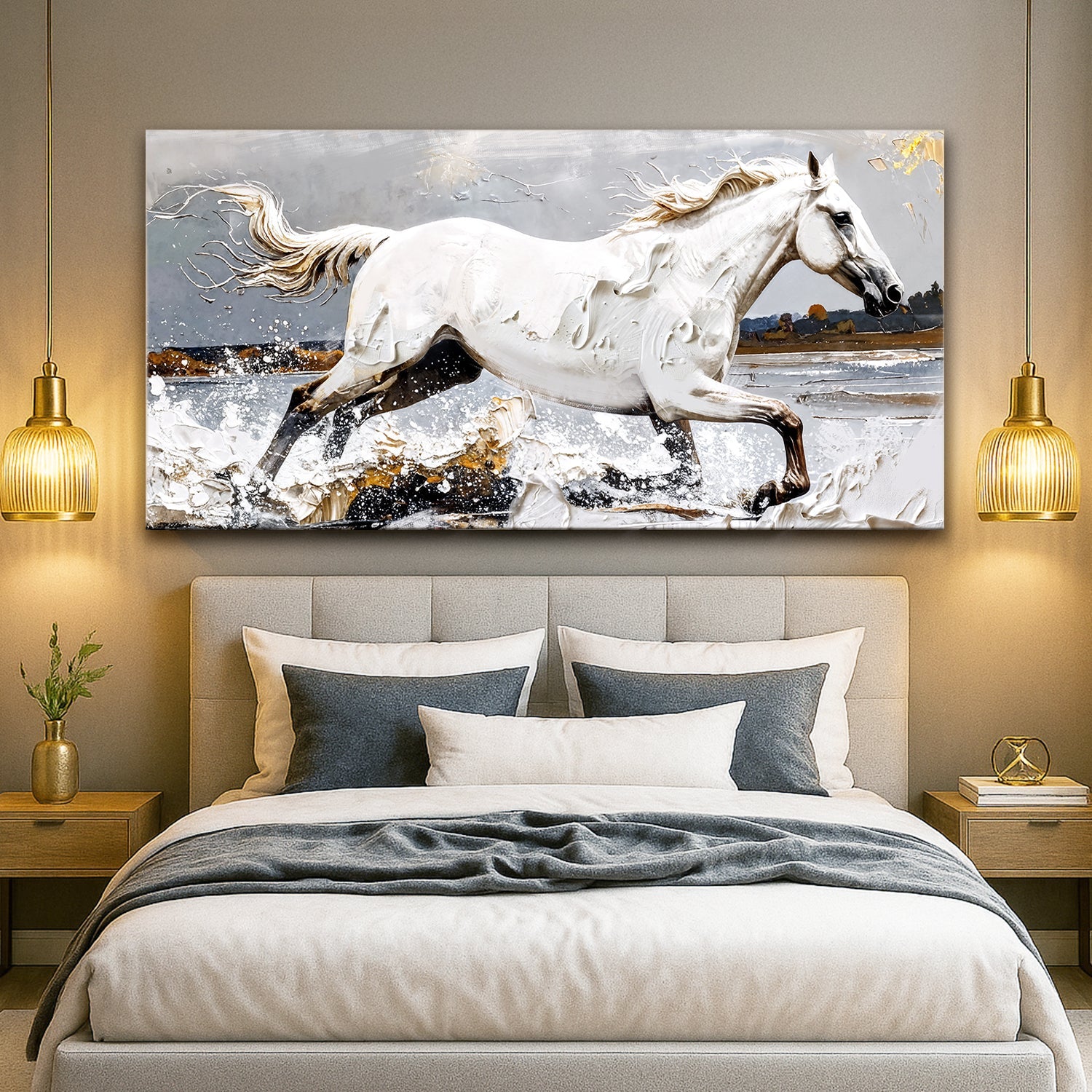 Modern Abstract Horse Wall Art canvas by Tailored Canvases; white horse racing through waves on Tampa Home & Garden Store