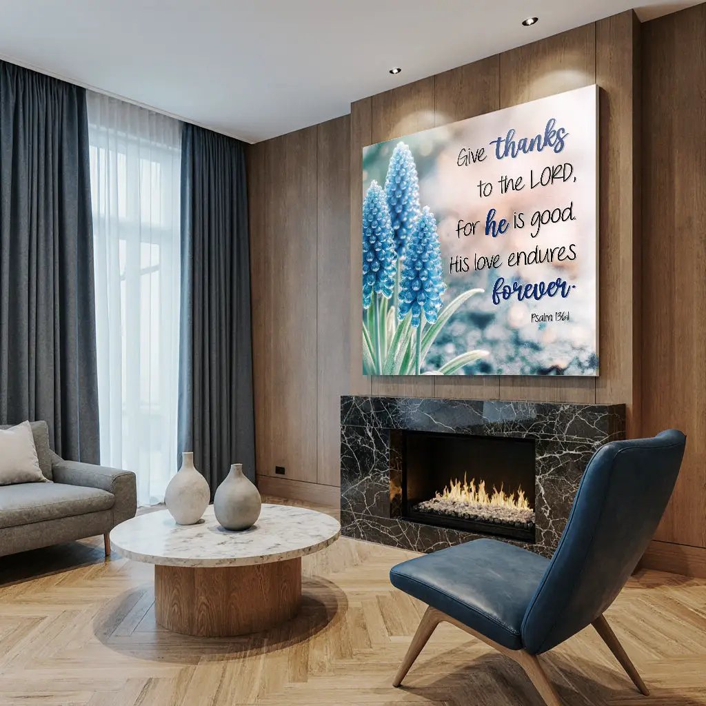 Canvas wall sign Psalm 136:1 Give Thanks to the Lord with blue hyacinth Tailored Canvases on Tampa Home & Garden Store