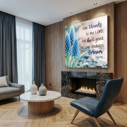 Canvas wall sign Psalm 136:1 Give Thanks to the Lord with blue hyacinth Tailored Canvases on Tampa Home & Garden Store
