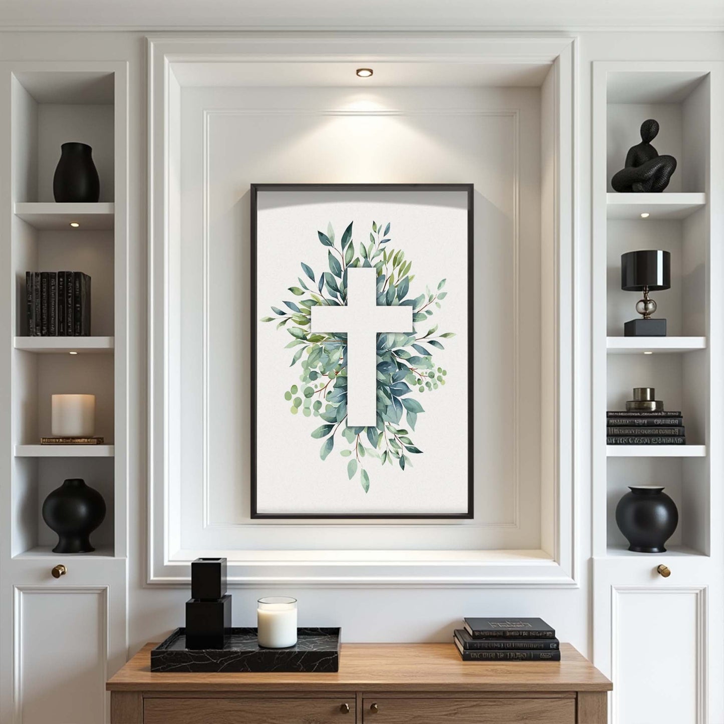 Evergreen Cross Faith Wall Art canvas by Tailored Canvases leafy wreath with cross on Tampa Home & Garden Store