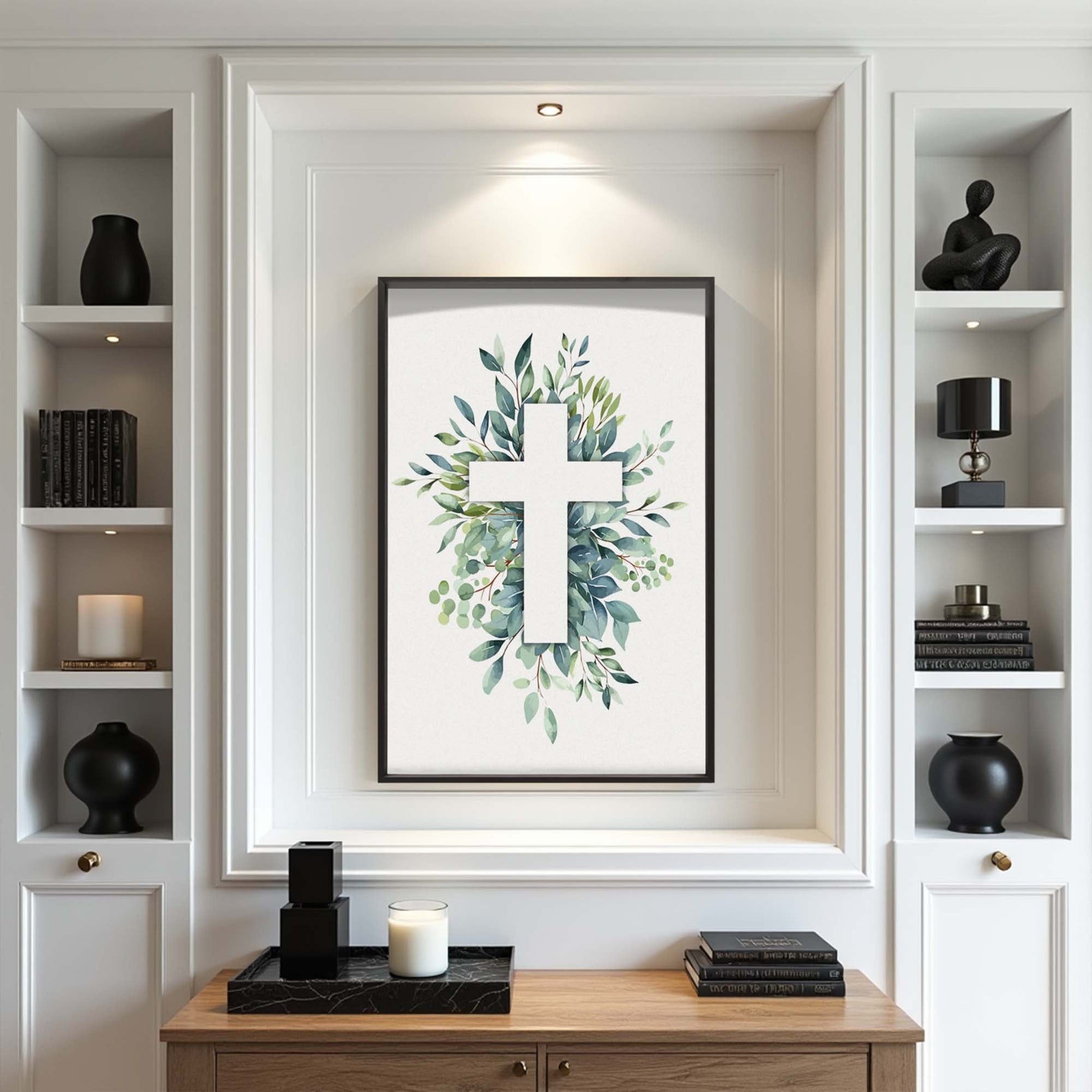 Evergreen Cross Faith Wall Art canvas by Tailored Canvases leafy wreath with cross on Tampa Home & Garden Store