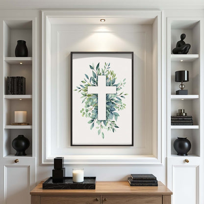 Evergreen Cross Faith Wall Art canvas by Tailored Canvases leafy wreath with cross on Tampa Home & Garden Store
