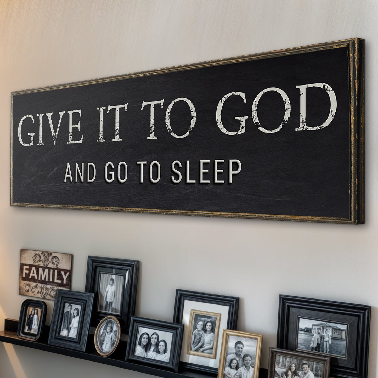 Canvas sign Give It To God And Go To Sleep with white text on black canvas by Tailored Canvases on Tampa Home & Garden Store
