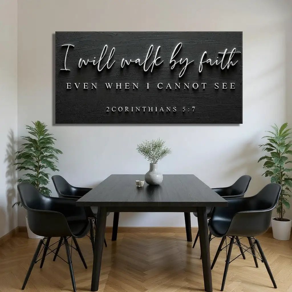Canvas wall art I Will Walk By Faith by Tailored Canvases, black background with white script on Tampa Home & Garden Store