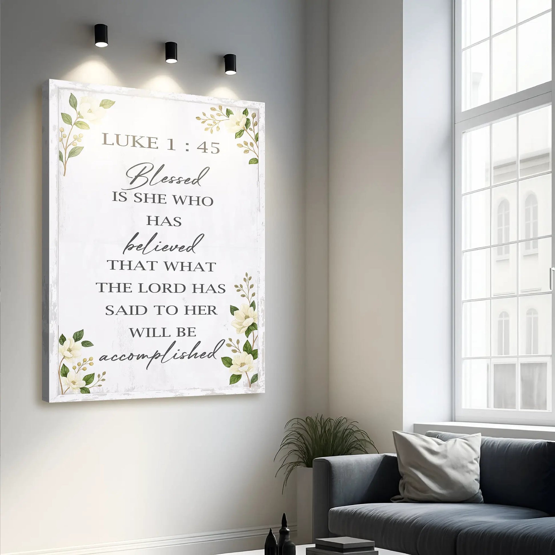 Canvas wall art Tailored Canvases Blessed Is She Who Believed Luke 1:45 with floral border on Tampa Home & Garden Store