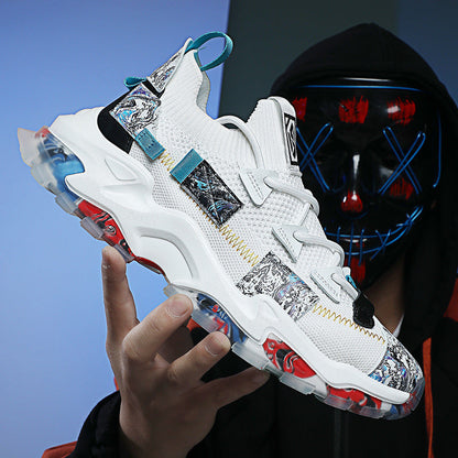 Stevvex men's white mesh sneakers with camouflage patches and teal pull tabs, chunky sole on Tampa Home & Garden Store