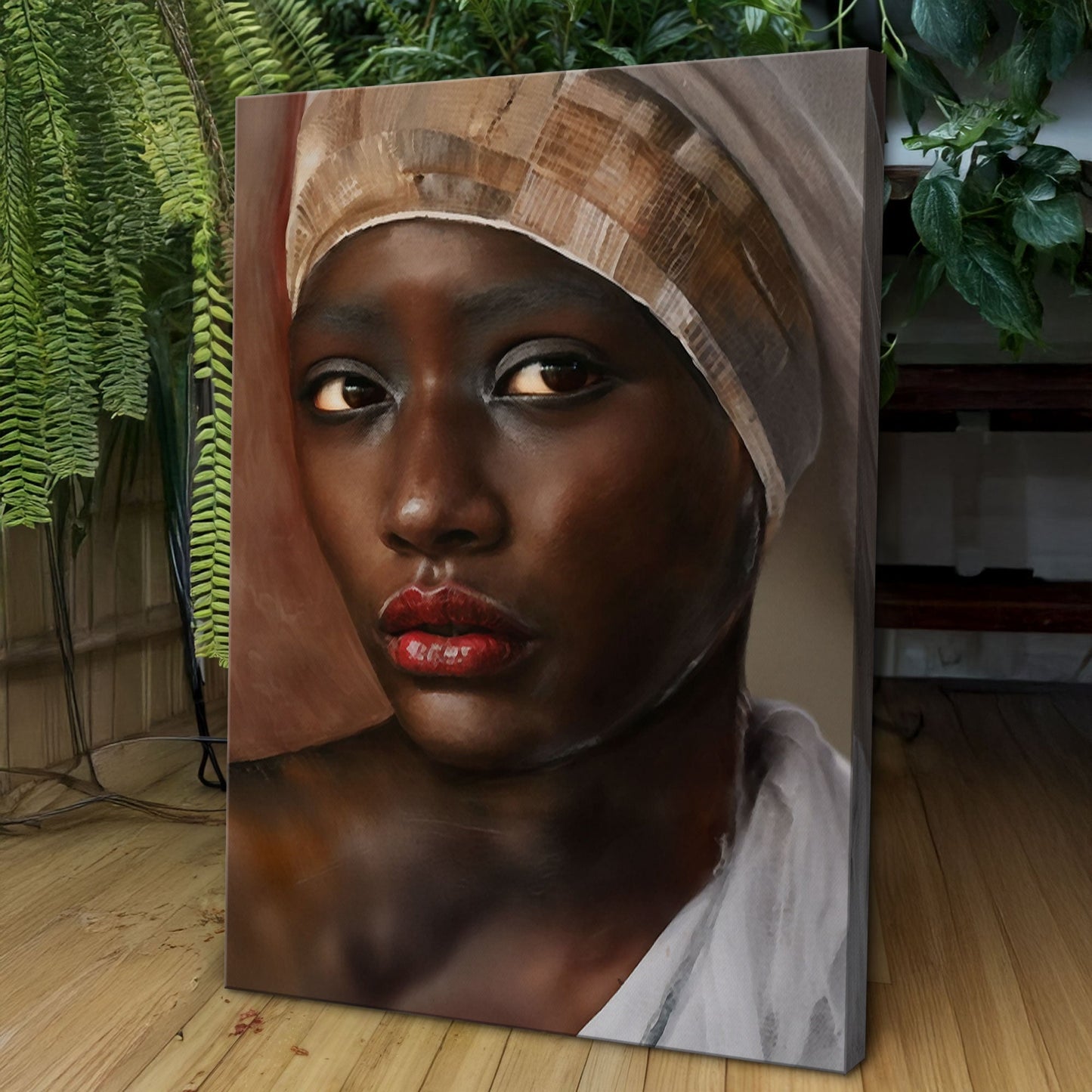 African Woman Painting Wall Art canvas featuring eyes and headwrap by Tailored Canvases on Tampa Home & Garden Store
