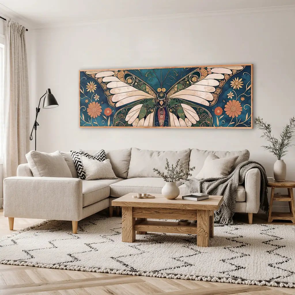 Abstract butterfly canvas art with teal background and cream wings, hanging above sofa on Tampa Home & Garden Store