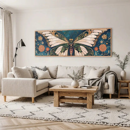 Abstract butterfly canvas art with teal background and cream wings, hanging above sofa on Tampa Home & Garden Store