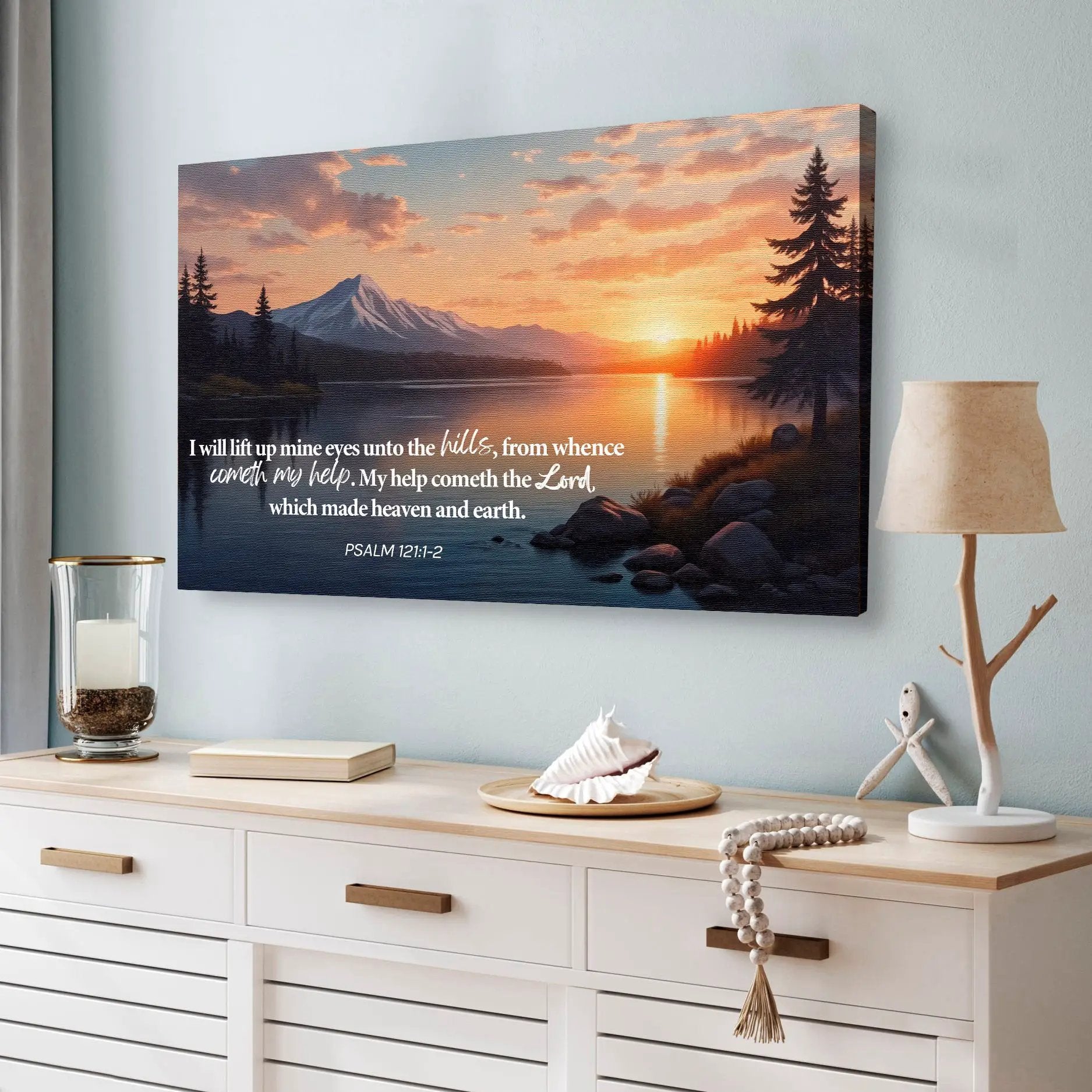 Psalm 121:1-2 faith wall sign canvas by Tailored Canvases, sunset mountain landscape on Tampa Home & Garden Store