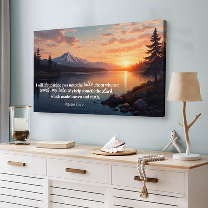 Psalm 121:1-2 faith wall sign canvas by Tailored Canvases, sunset mountain landscape on Tampa Home & Garden Store
